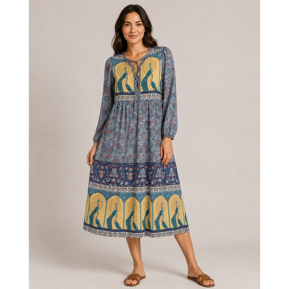 R.Vivimos Peacock Floral Midi Dress M 8/10 Blue Boho Long Sleeve Tie Front